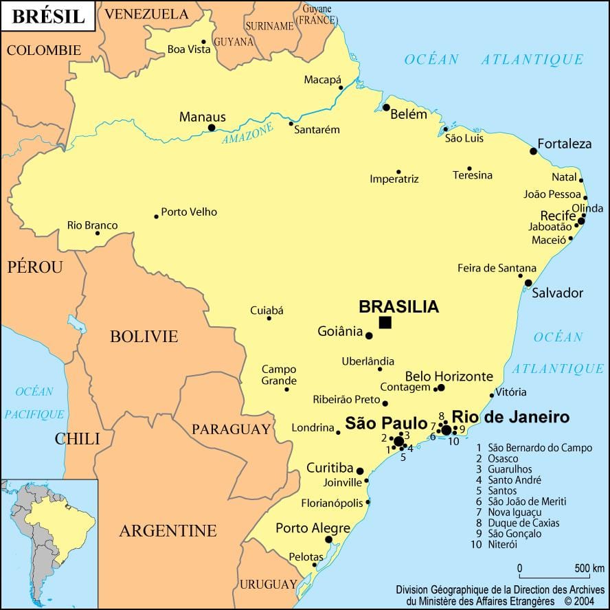 karta Brazilu pokazuje Rio de Janeiru